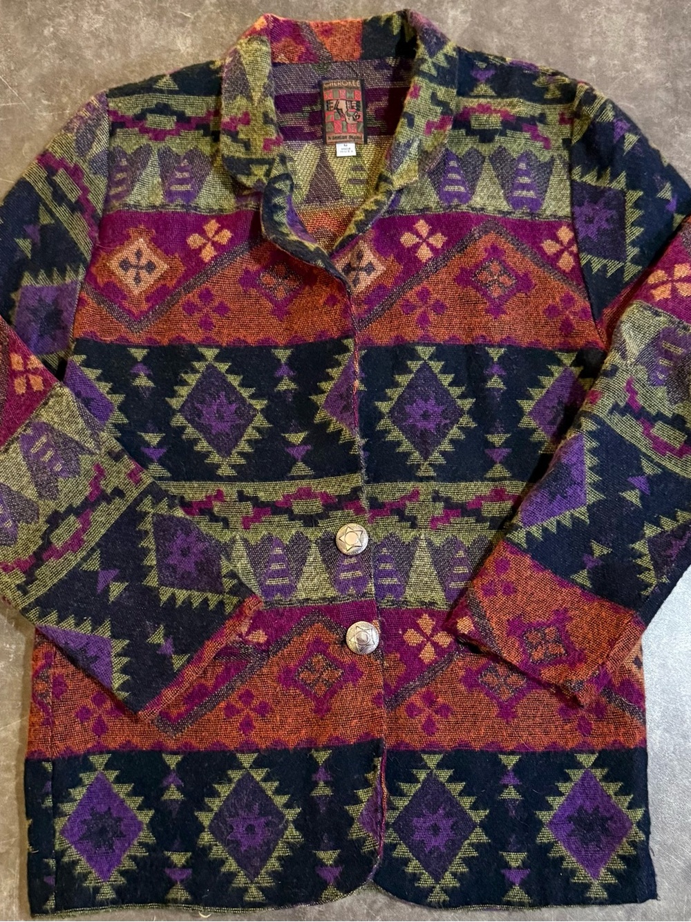 Vtg 90s Cherokee Aztec Blanket Jacket Medium Made in USA Southwestern Tapestry